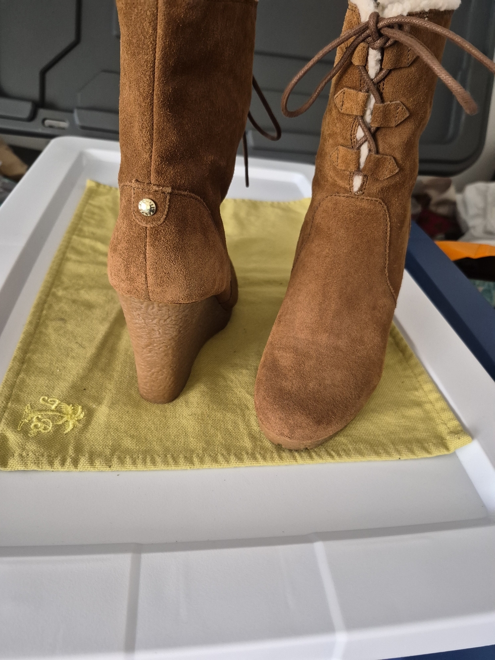 Michael Kors Cognac Suede Wedge Ankle Booties with Lace-Up Front